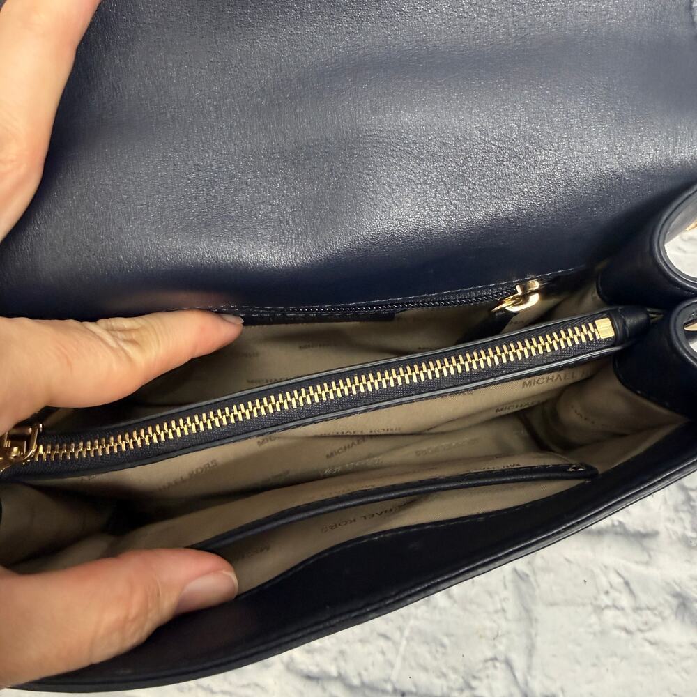 Michael Kors Whitney Studded Frame Shoulder Bag Navy Blue Gold Chain - Picture 7 of 10